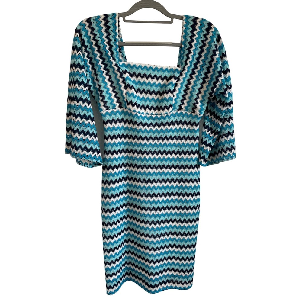 Trina Turk Blue Zigzag Crochet Knit Bell Sleeve Square Neck Dress Size 2 Cruise‎